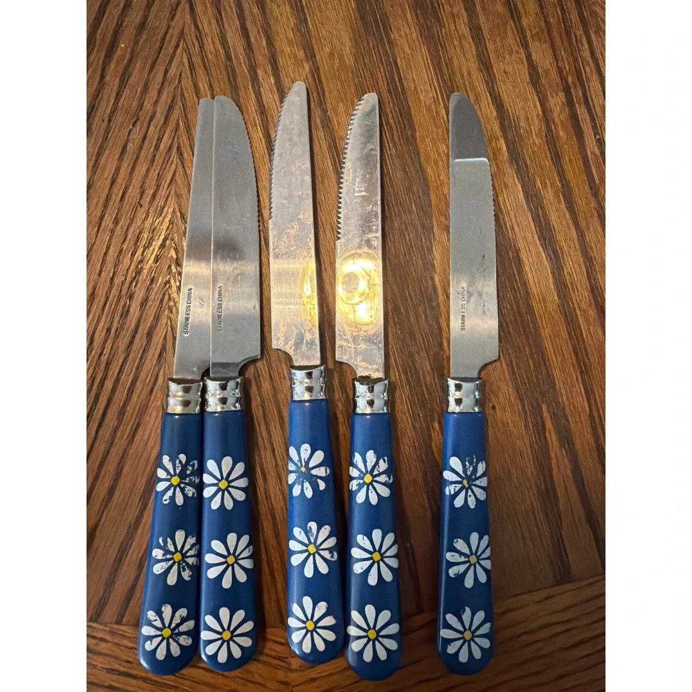 Vintage Blue Daisy Floral Steak Knife Set of 5 Stainless Steel Serrated Blades